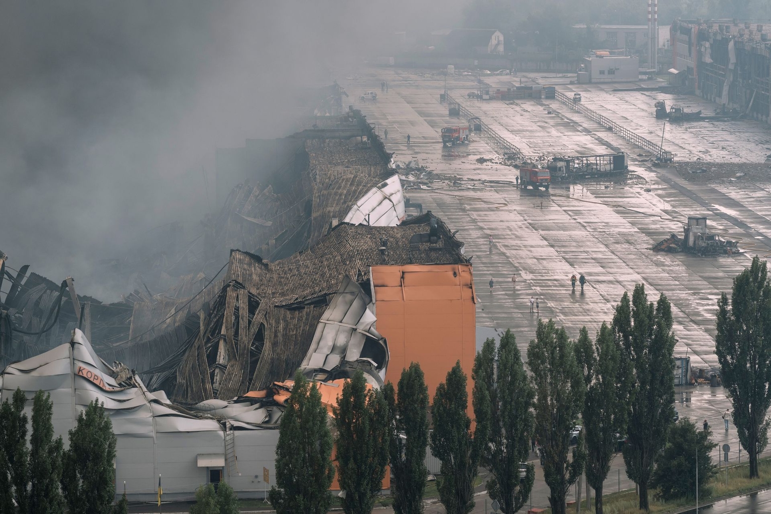 Smoke rises from a goods storage area after a Russian missile strike in Kyiv, Ukraine, on August 5, 2026.