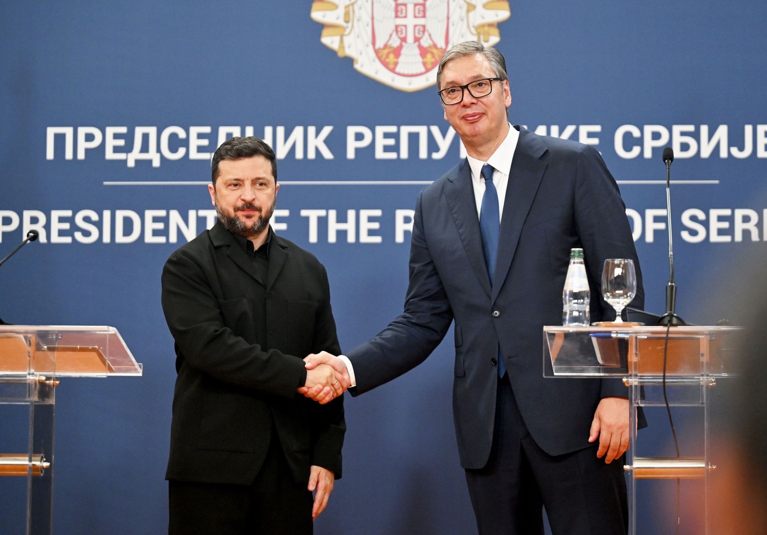 Zelensky shakes hands with Vucic in Belgrade, Serbia, on August 8, 2026.