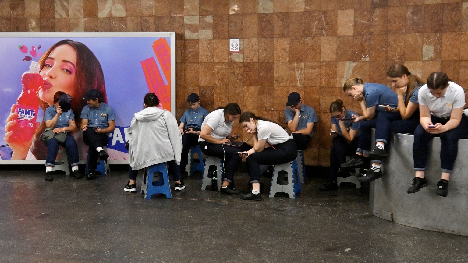 People shelter in a metro station during a Russian daytime drone attack in Kyiv, Ukraine, on Aug. 27, 2026.