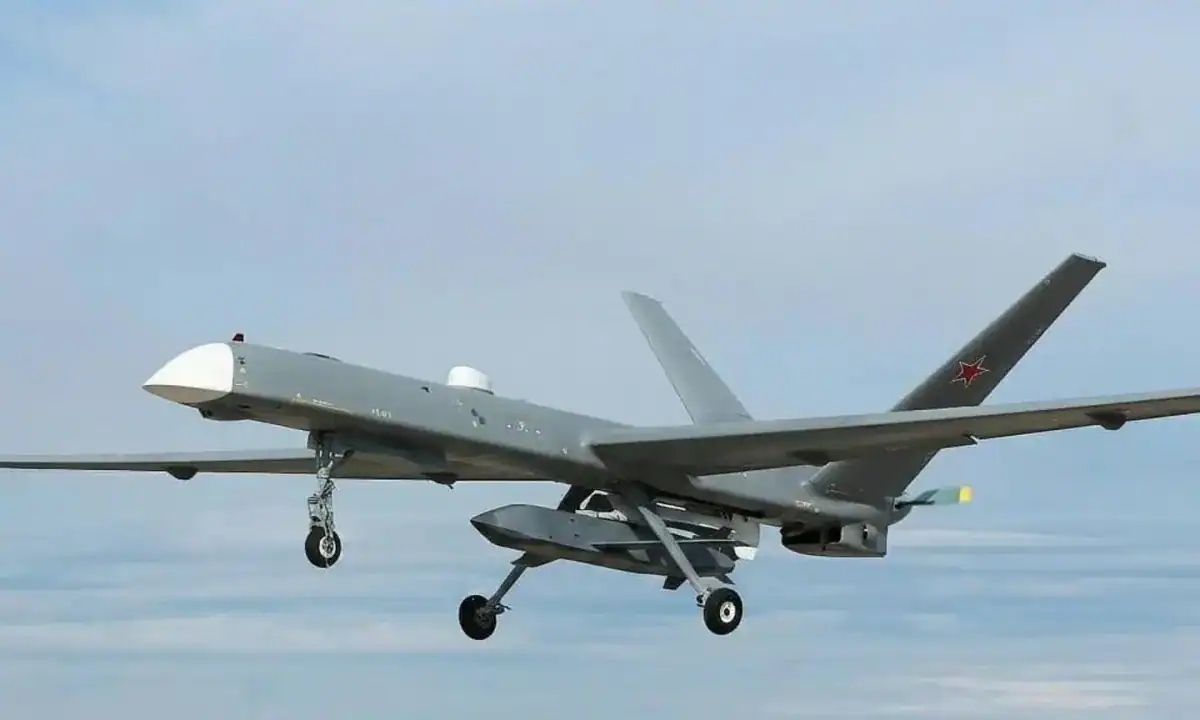 Orion reconnaissance drone with a suspended Banderol loitering munition in an undated photo.