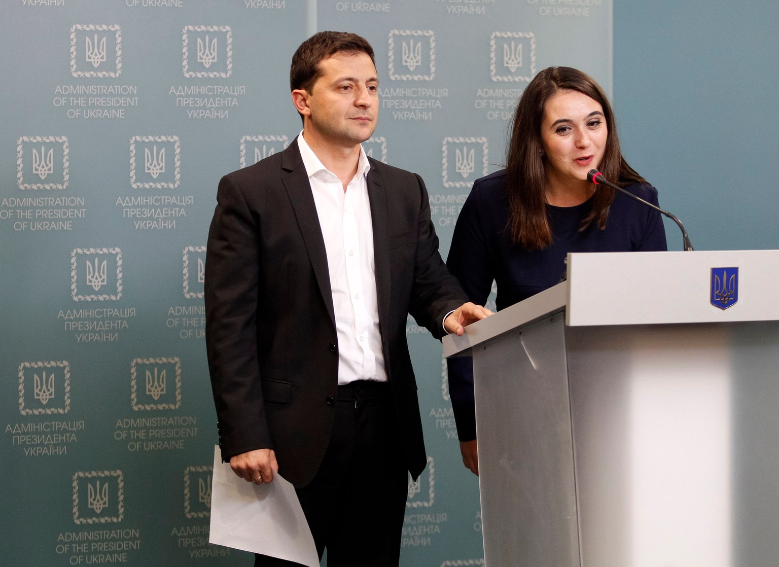 President Volodymyr Zelensky and then-presidential spokesperson Iuliia Mendel attend a press conference in Kyiv, Ukraine, on Oct. 1, 2019.