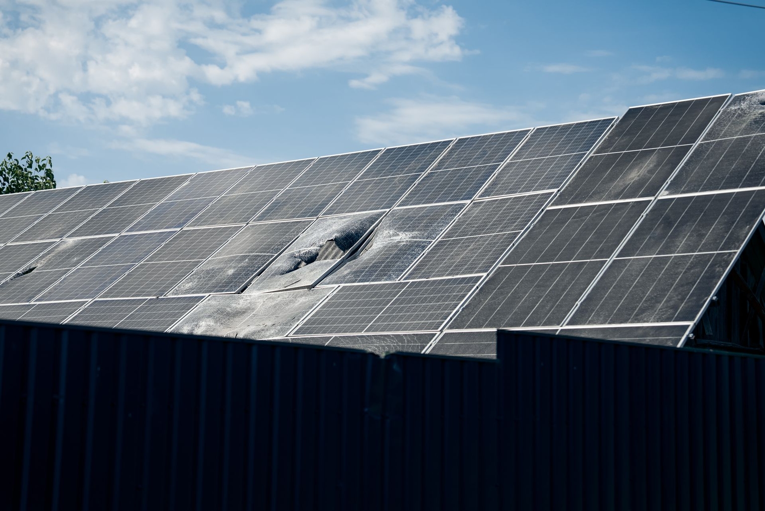 A solar panel remains damaged by Russian shelling, in Khomyne, Sumy Oblast, Ukraine, on July 12, 2025.