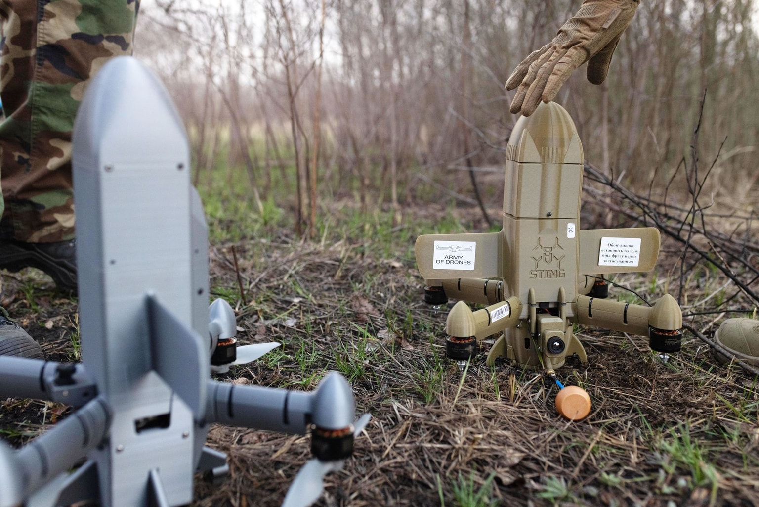 Ukrainian-made interceptor drones are seen in Kharkiv, Ukraine, on March 31, 2026.