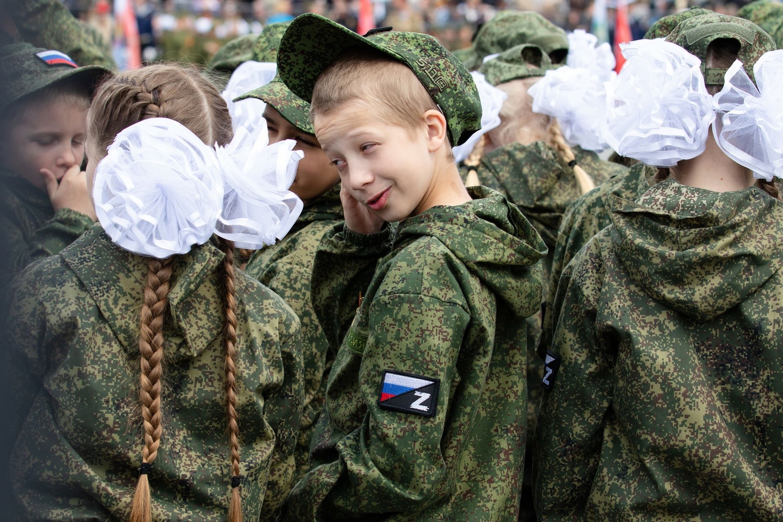 A schoolboy dressed in the uniform of a Russian soldier in Vladivostok, Russia, on May 3, 2026.