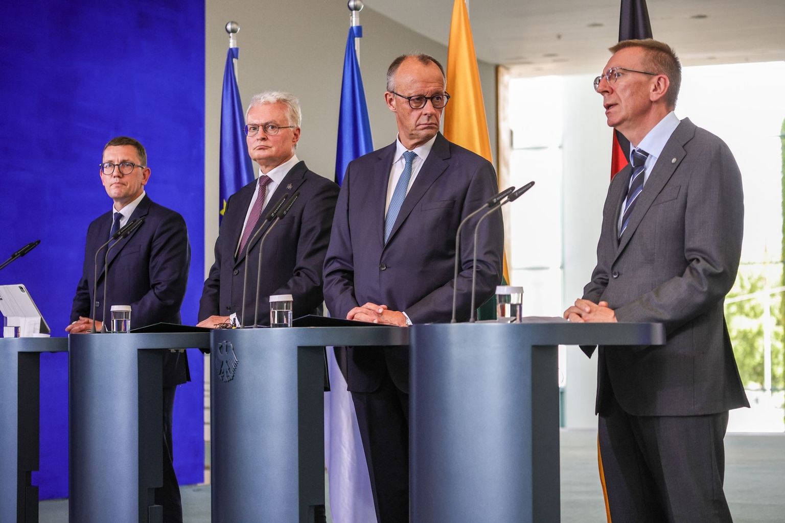 Baltic leaders and German Chancellor Friedrich Merz attend a press conference in Berlin, Germany, on July 3, 2026.
