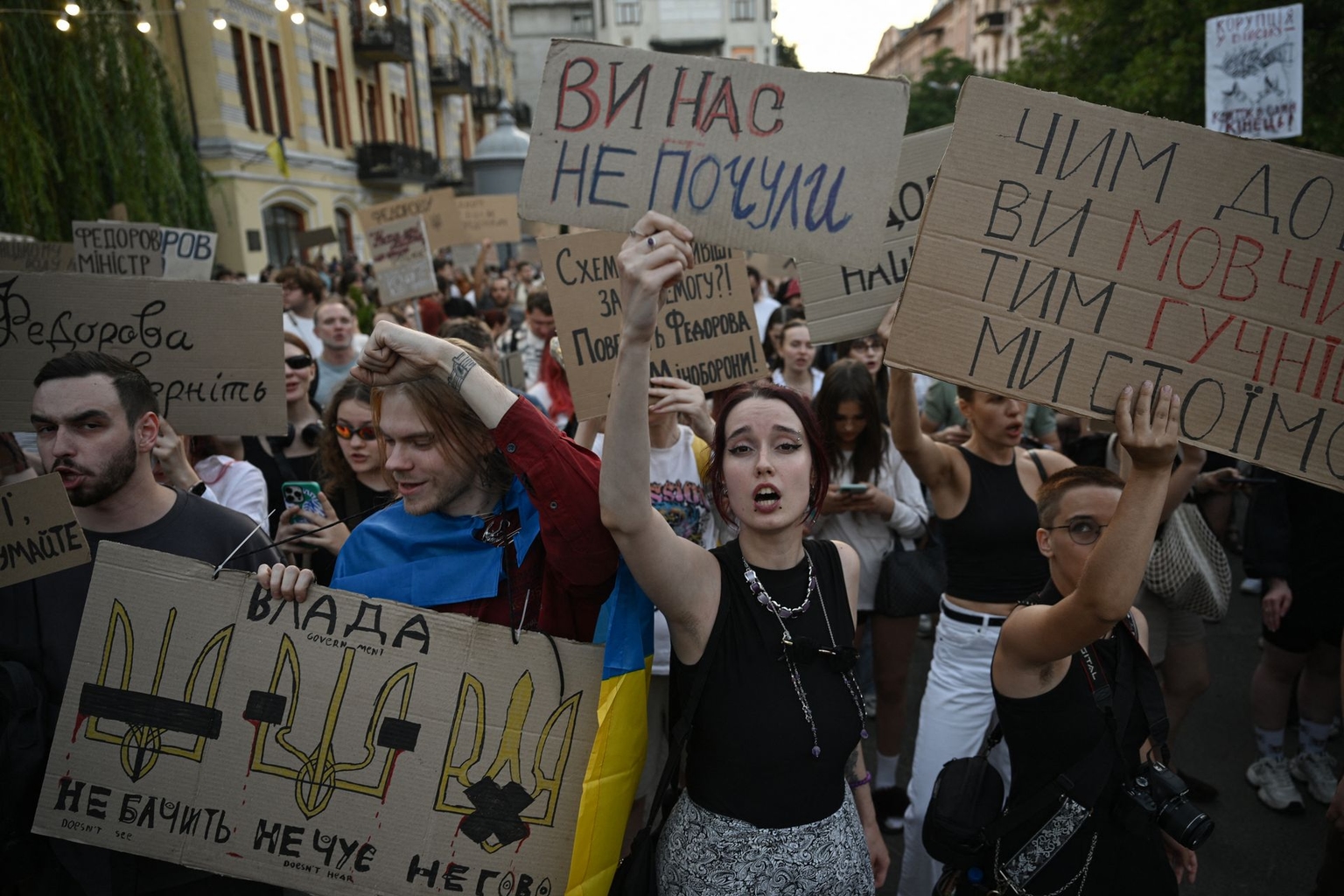 Protesters hold placards reading "You have not heard us," "Bring Fedorov back," in central Kyiv, Ukraine, on July 31, 2026.