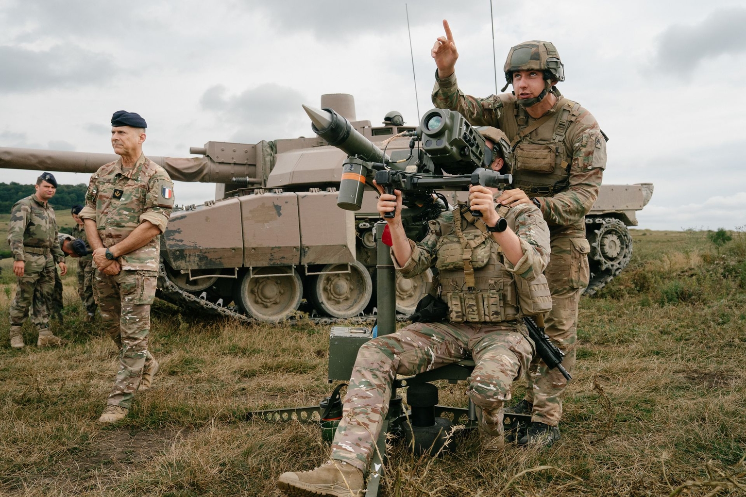A soldier operates a Mistral air defense system during a NATO exercise in Cincu, Romania, on Aug. 18, 2026.