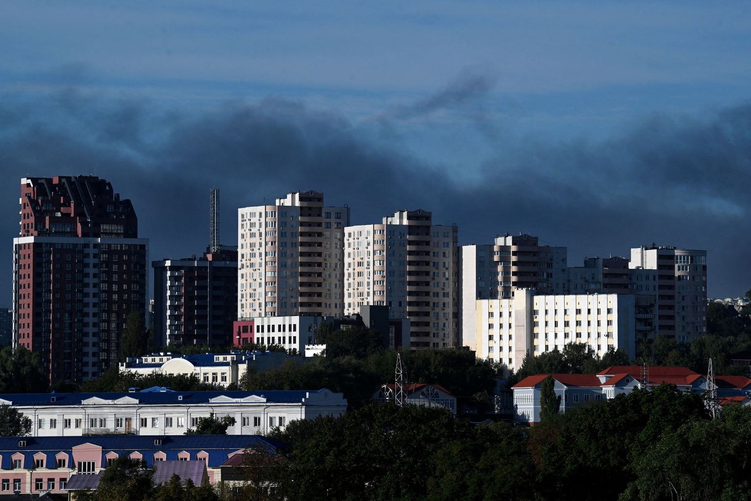 Dark smoke rises above the Kyiv skyline following a Russian drone strike on the Ukrainian capital, Ukraine, on Sept. 2, 2026.