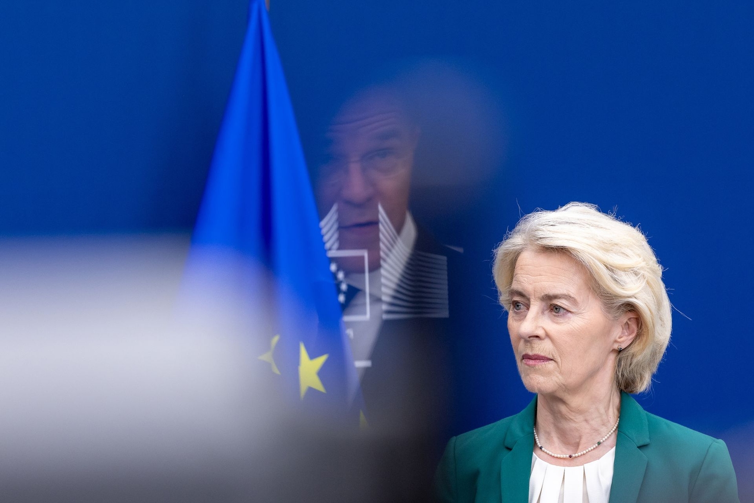 Ursula von der Leyen listens as Mark Rutte speaks in Brussels, Belgium, on Sept. 2, 2026.