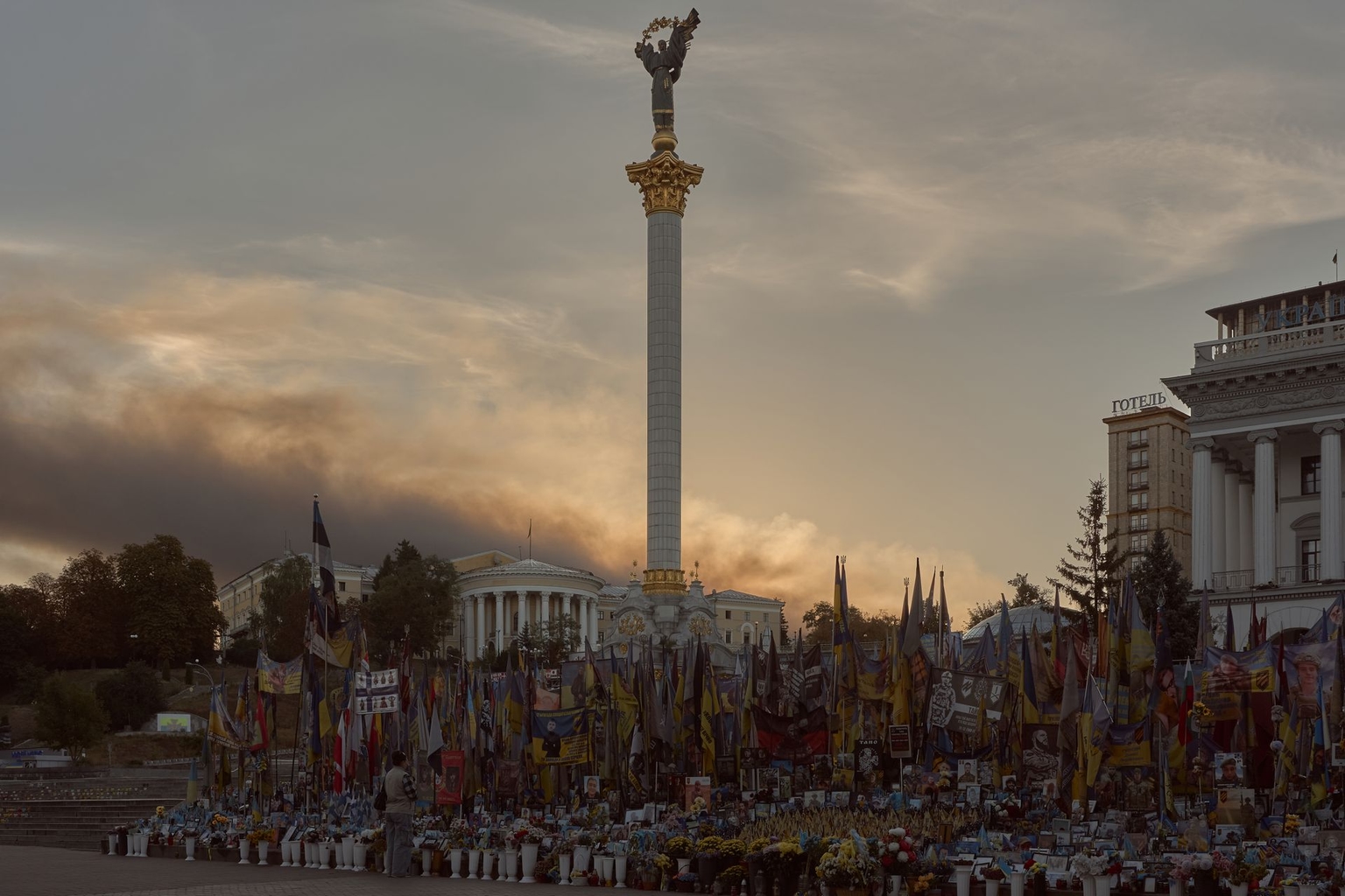 Smoke rises over Independence Square in the aftermath of a Russian missile and drone attack in Kyiv, Ukraine, on Sept. 8, 2026.