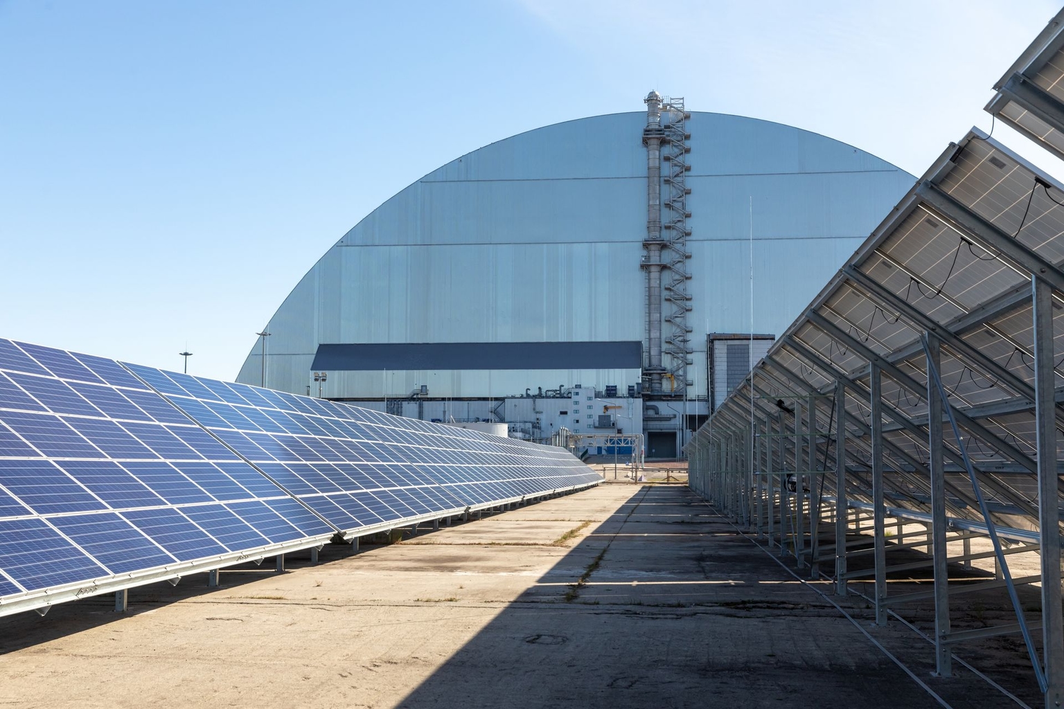 A new solar power station is seen providing electricity to critical infrastructure, including the New Safe Confinement, at the Chornobyl Nuclear Power Station site, in Chornobyl, Ukraine, on Sept. 9, 2026.