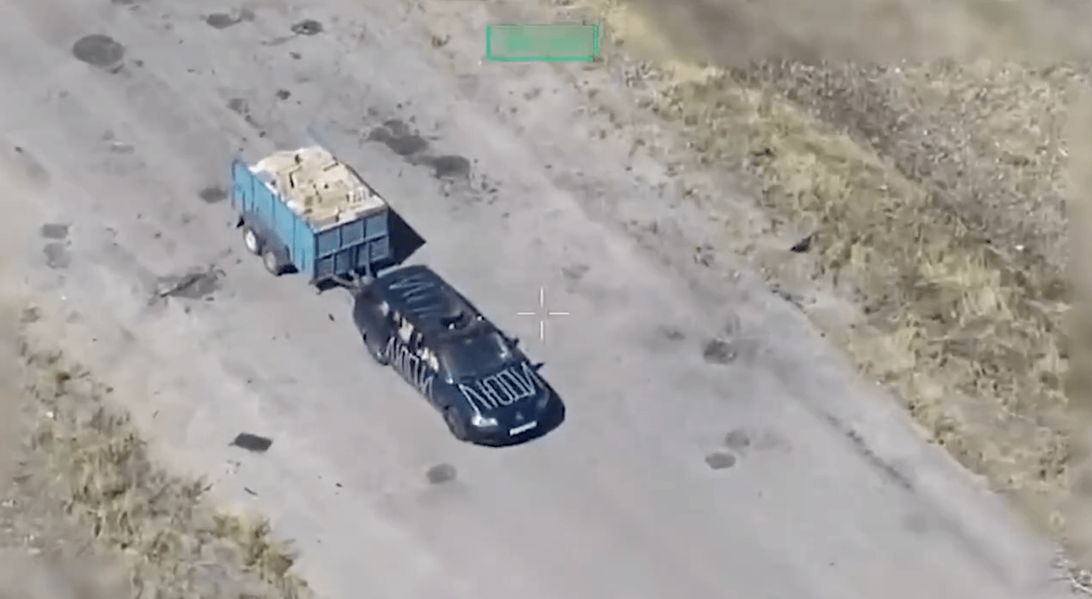 Vehicles carrying food and supplies into Oleshky attacked by drones, in Russian-occupied Oleshky, Kherson Oblast, Ukraine