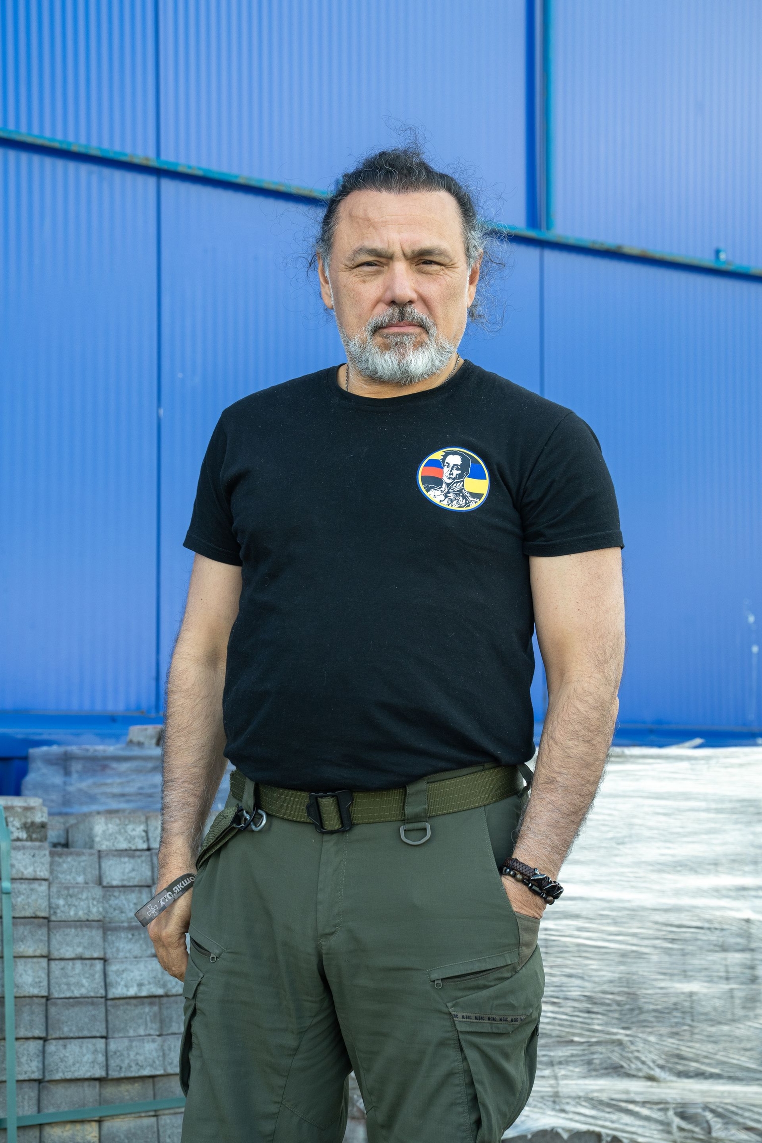 Colonel Jose David Chaparro wears a Bolivar Battalion T-shirt in Mykolaiv Oblast, Ukraine, in May 2026.