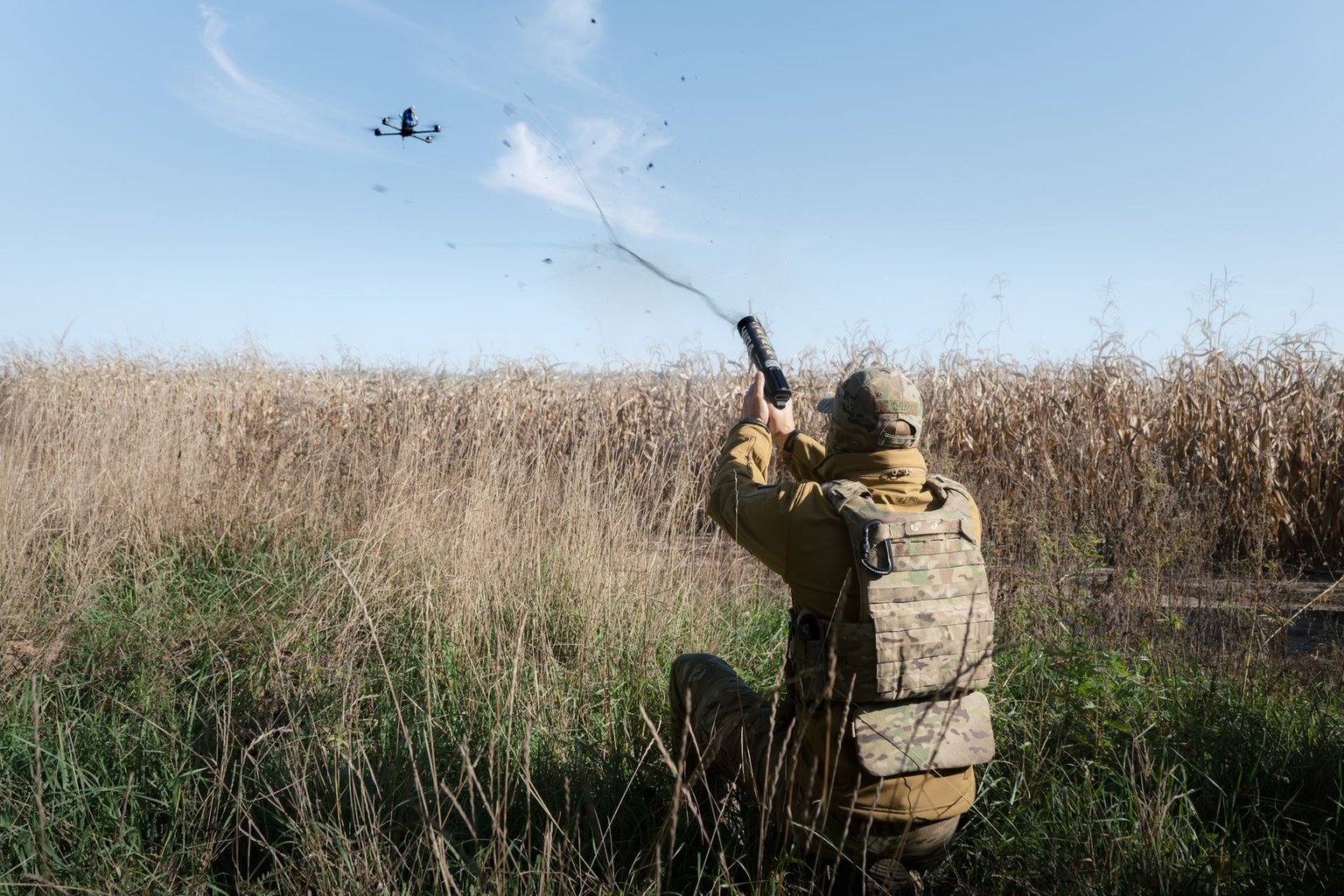 A Ukrainian soldier fires a Chipa net gun at an FPV drone during training in an unnamed location, Ukraine, on Oct. 20, 2026.