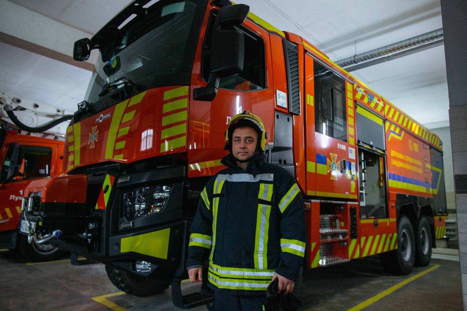 Andrii Mazur stands inside a fire station in Lutsk, Volyn Oblast, Ukraine, on Oct. 22, 2026.