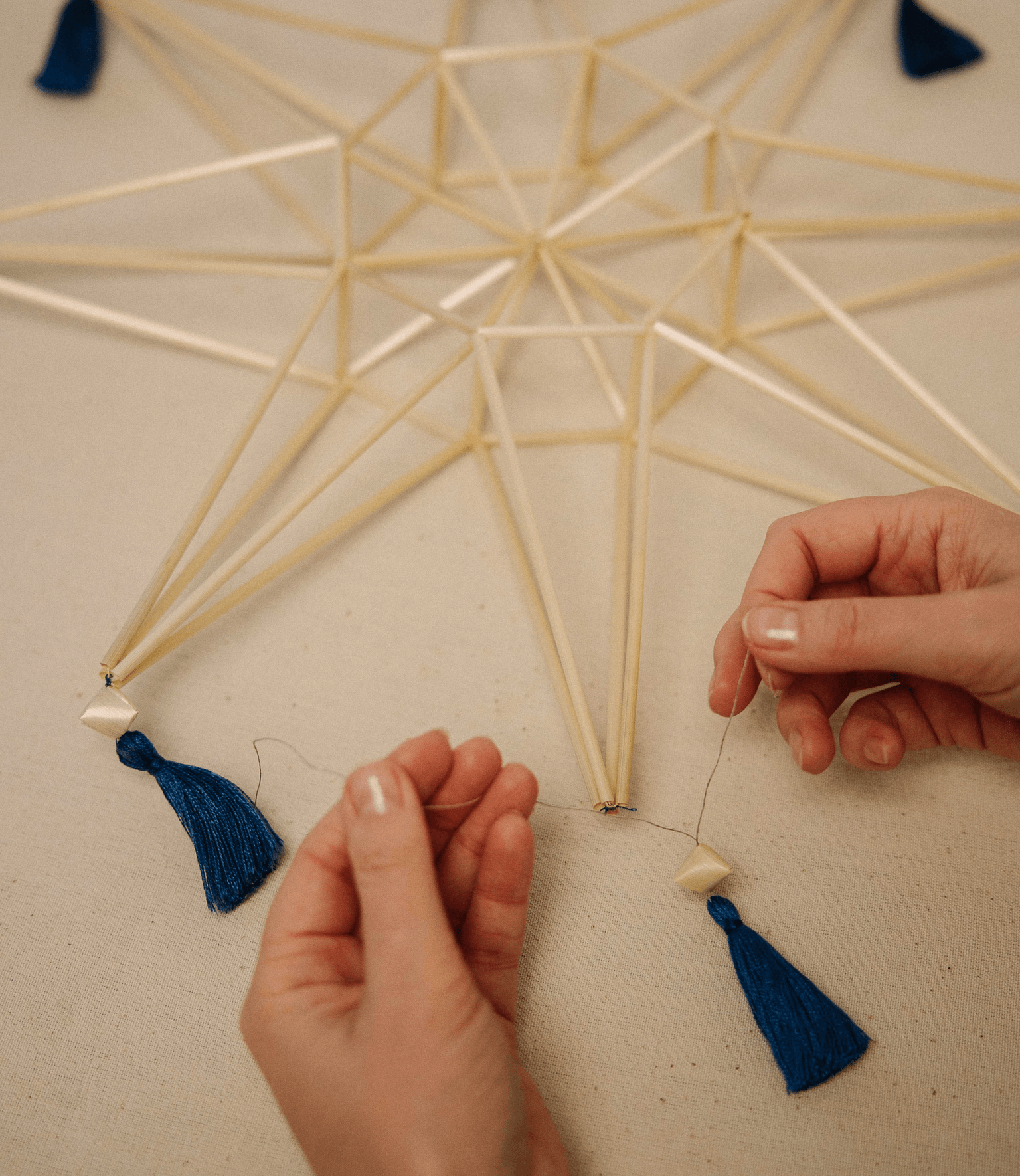 Close-up of hands weaving a pavuk (Pavuk)