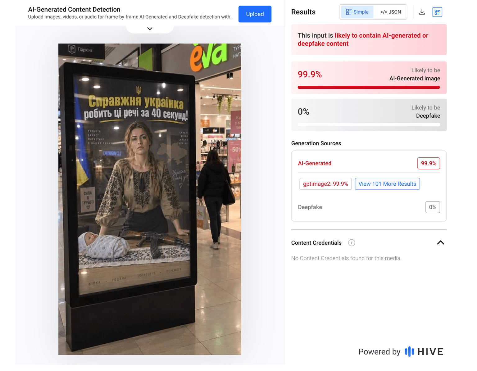 Hive Moderation flags an image as 99.9% likely to be AI-generated.