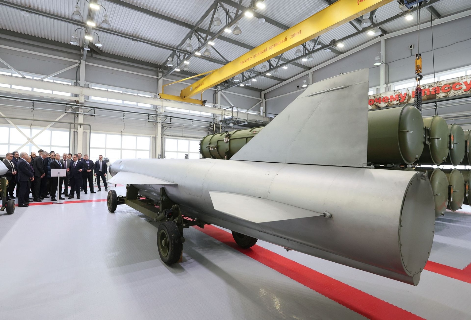 Medvedev visits the Raduga missile manufacturer in Dubna, Russia, on Feb. 2, 2023.