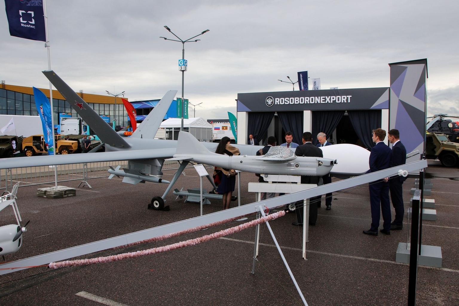 Visitors look at an Orion-E unmanned aerial vehicle in St. Petersburg, Russia, on July 29, 2023.
