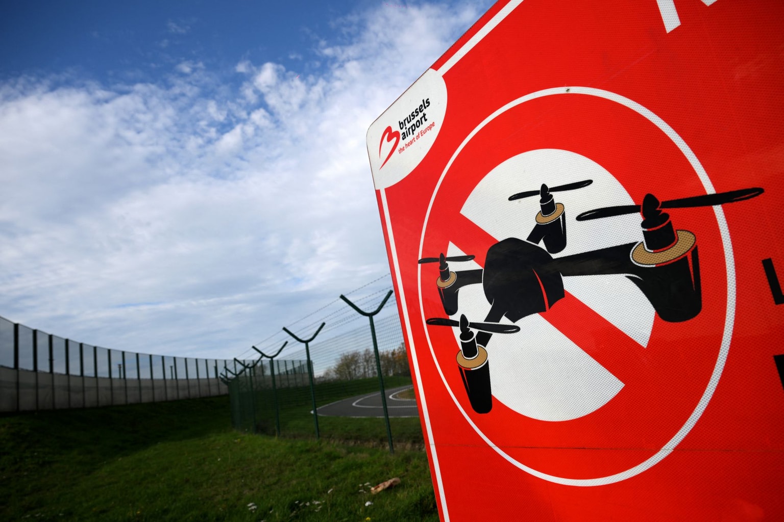 A sign reading "No drone zone" at Brussels Airport in Zaventem, Belgium, on Nov. 5, 2025.