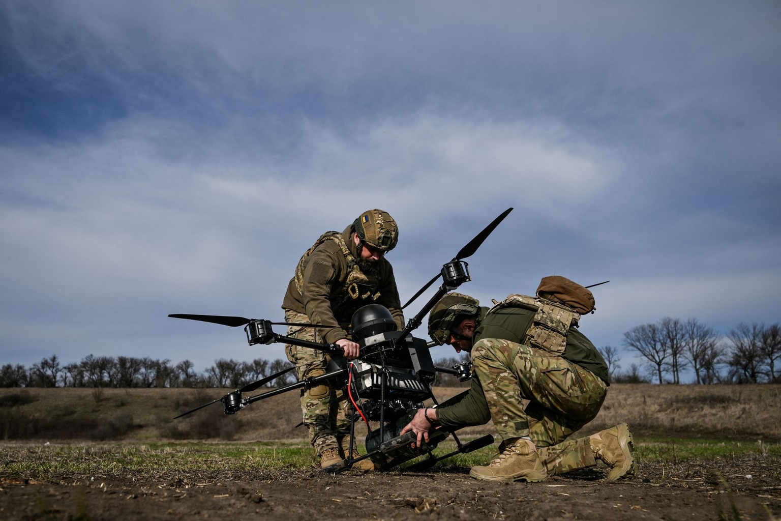 Ukrainian soldiers prepare a Baba Yaga heavy bomber drone for a daytime training flight in Zaporizhzhia direction, Ukraine, on March 23, 2026.