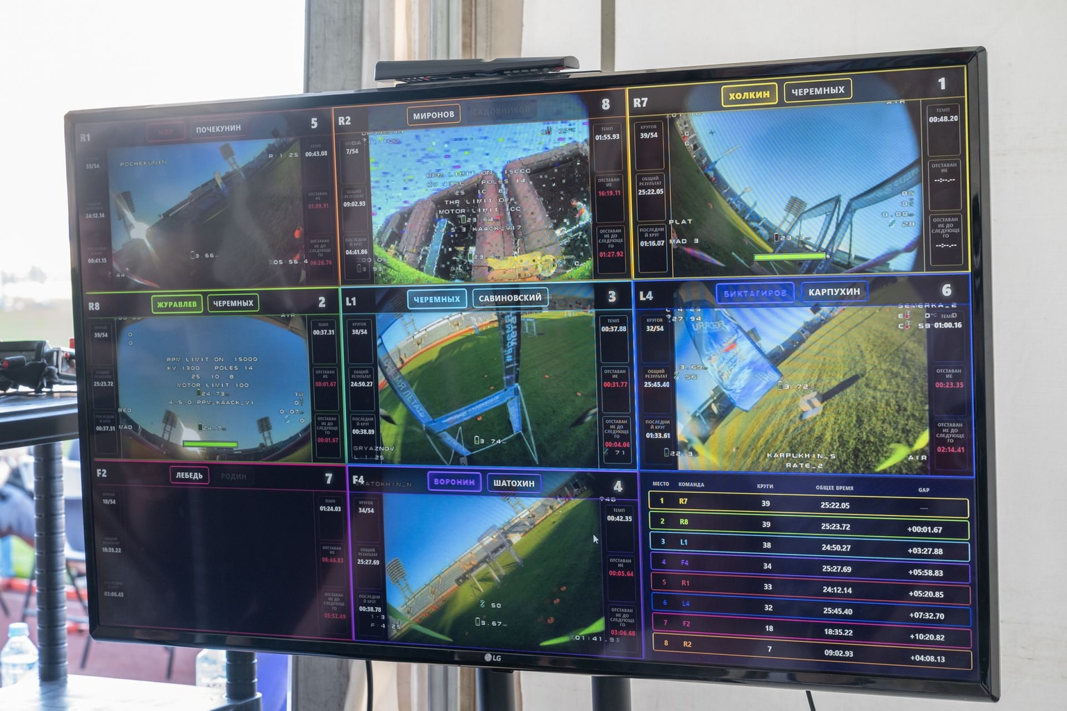 A monitor displays a live video feed from drones during a drone racing festival in St. Petersburg, Russia, on July 18, 2026.