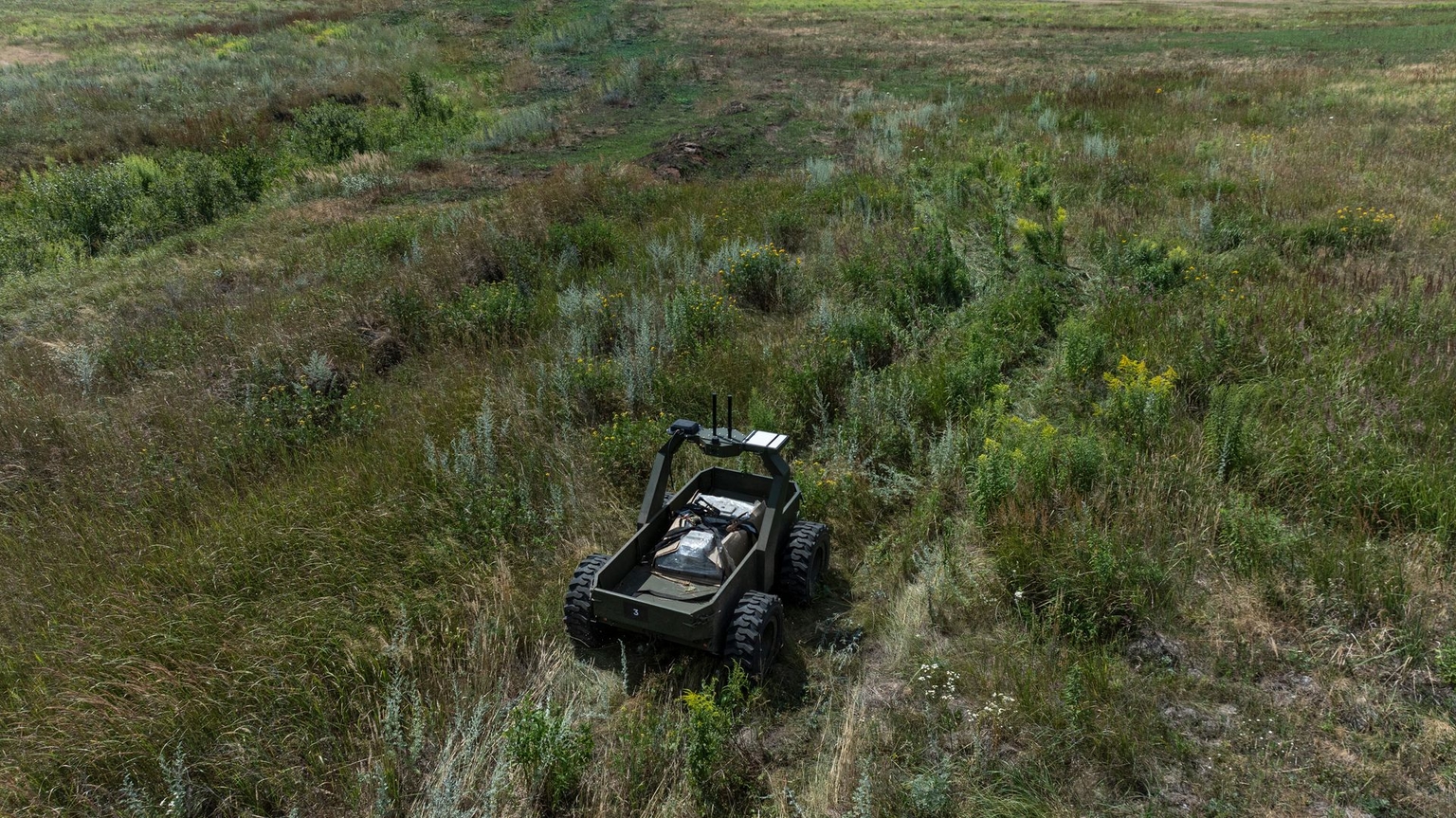 Ukrainian unmanned ground vehicles undergo testing at a training ground in Zhytomyr Oblast on July 23, 2026.