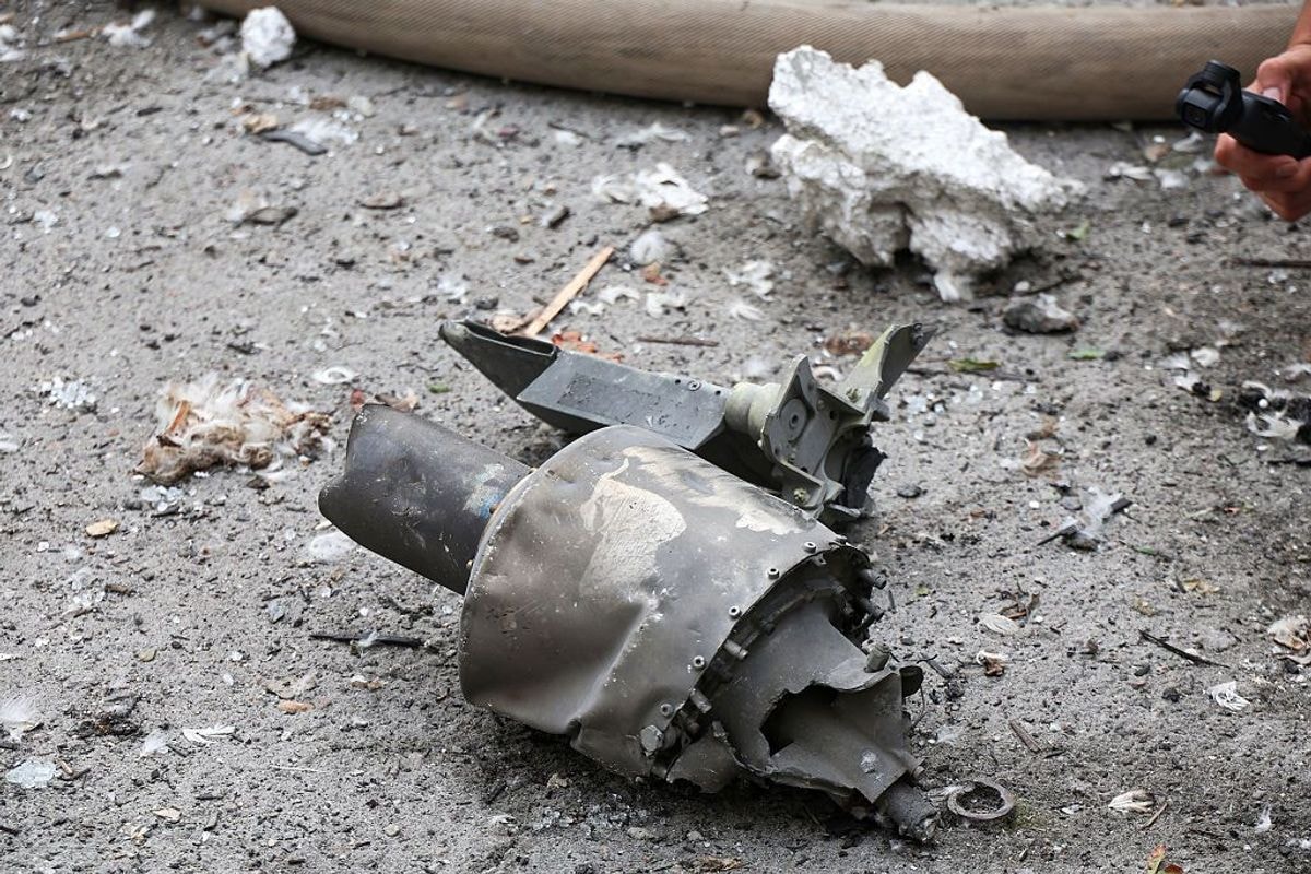 Russian S8000 Banderol cruise missile debris lies on the ground.