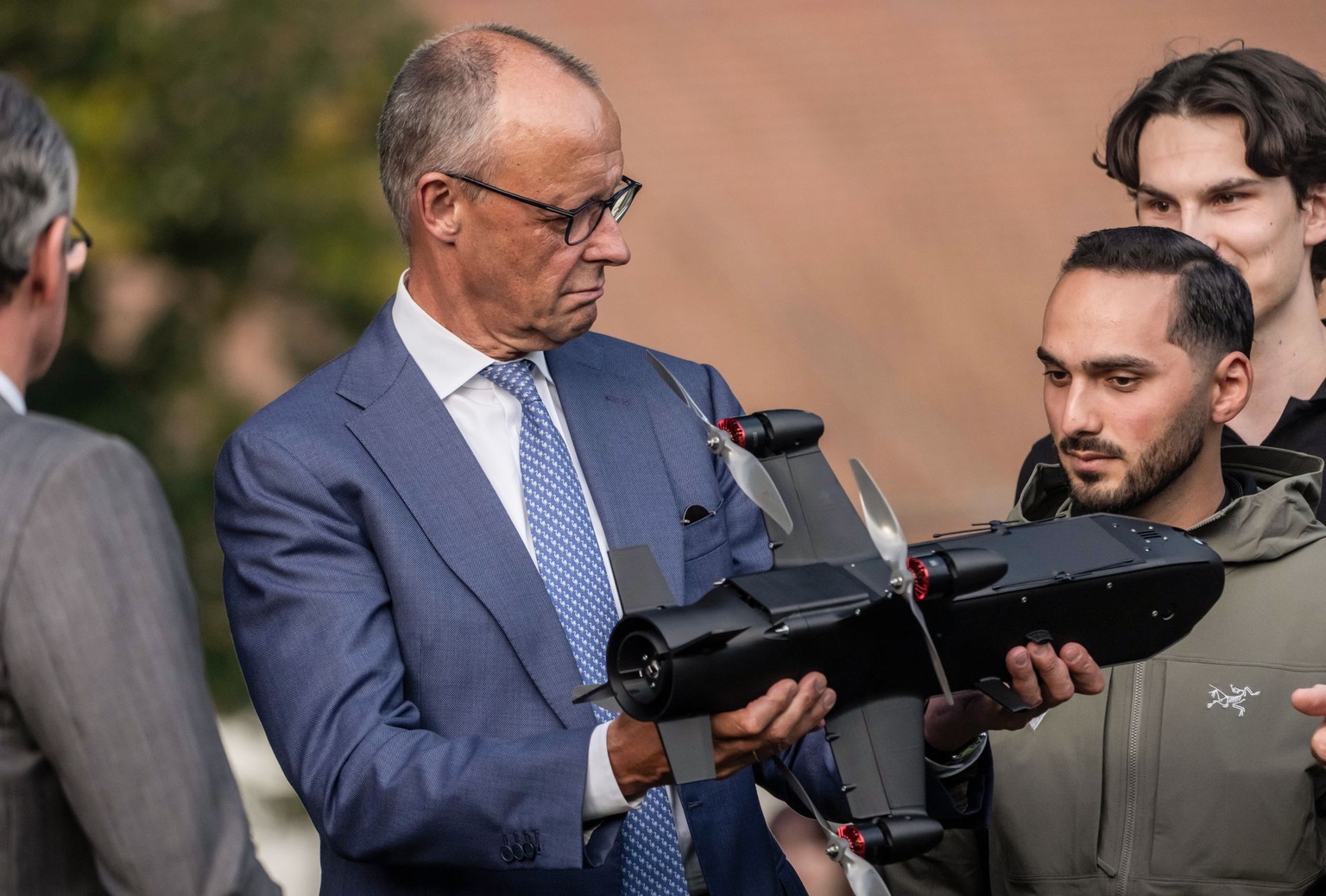Friedrich Merz inspects interception drones at Neuhardenberg Castle in Germany, on Aug. 25, 2026.