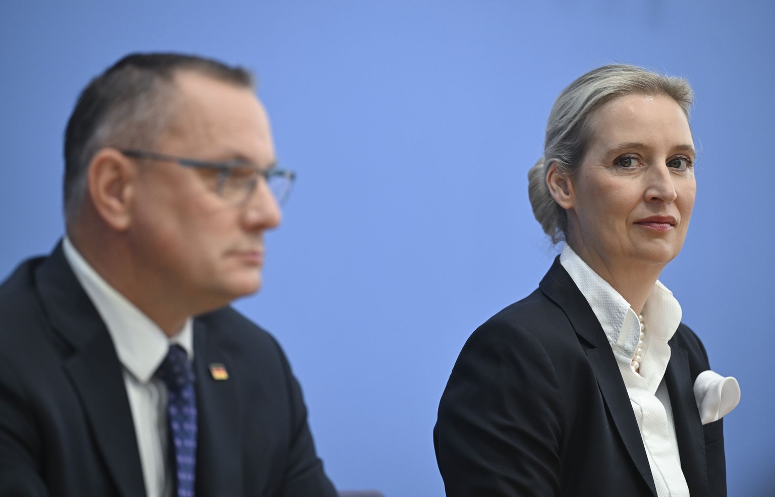 Alternative for Germany (AfD) co-chairs Alice Weidel (R) and Tino Chrupalla (L) hold a press conference in Berlin, Germany, on Sept. 21, 2026.