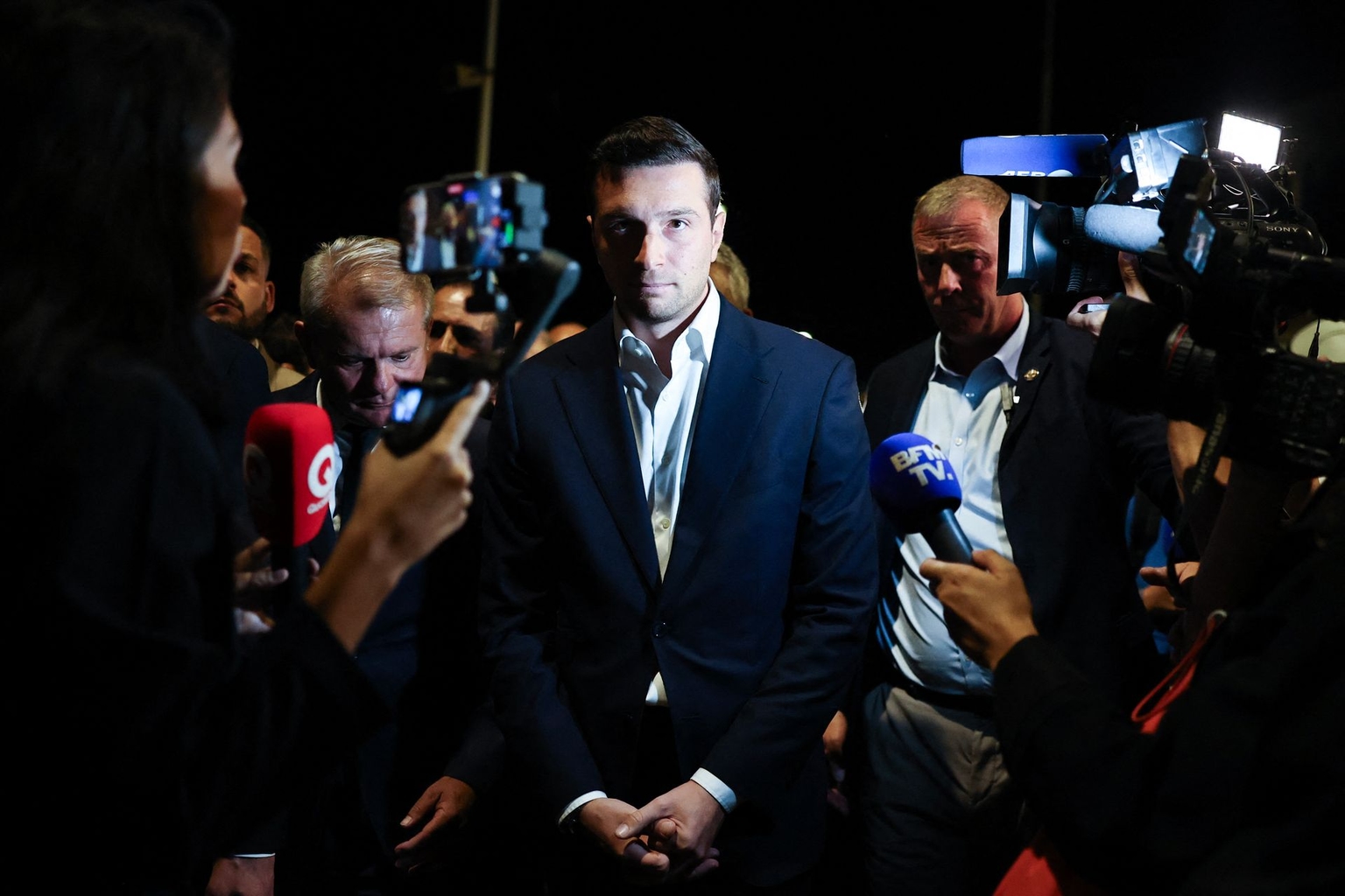 President of the Rassemblement National (RN) party, Jordan Bardella, speaks to the press in La Seyne-sur-Mer, France, on Sept. 27, 2026.