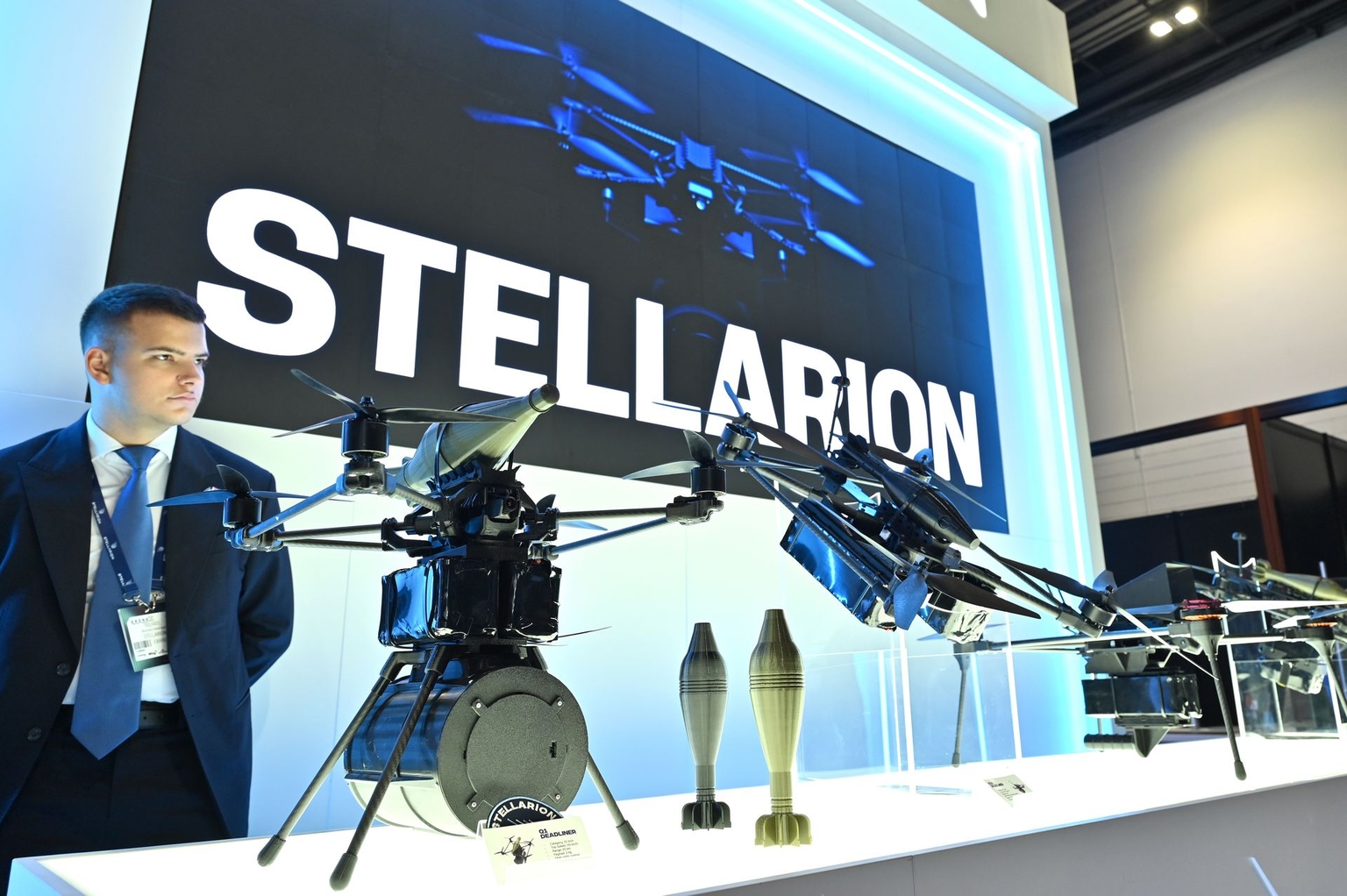 Stellarion Group displays two strike drones at the DroneX Expo in London, England, on Sept. 29, 2026.