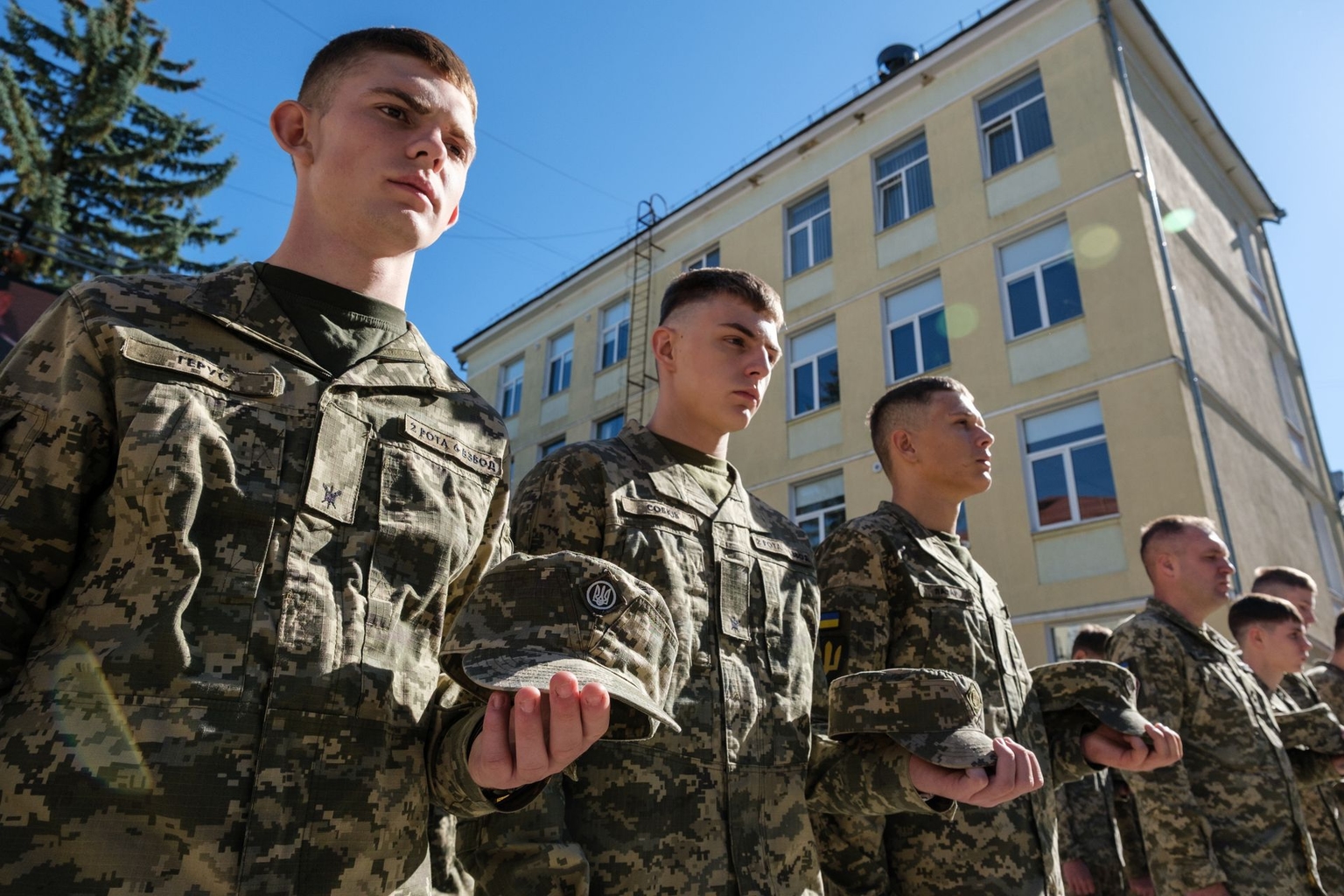 Ukrainian cadets from the Kruty Heroes Lviv Lyceum line up during an oath ceremony on the Day of Defenders of Ukraine in Lviv, Ukraine, on Oct. 1, 2026.
