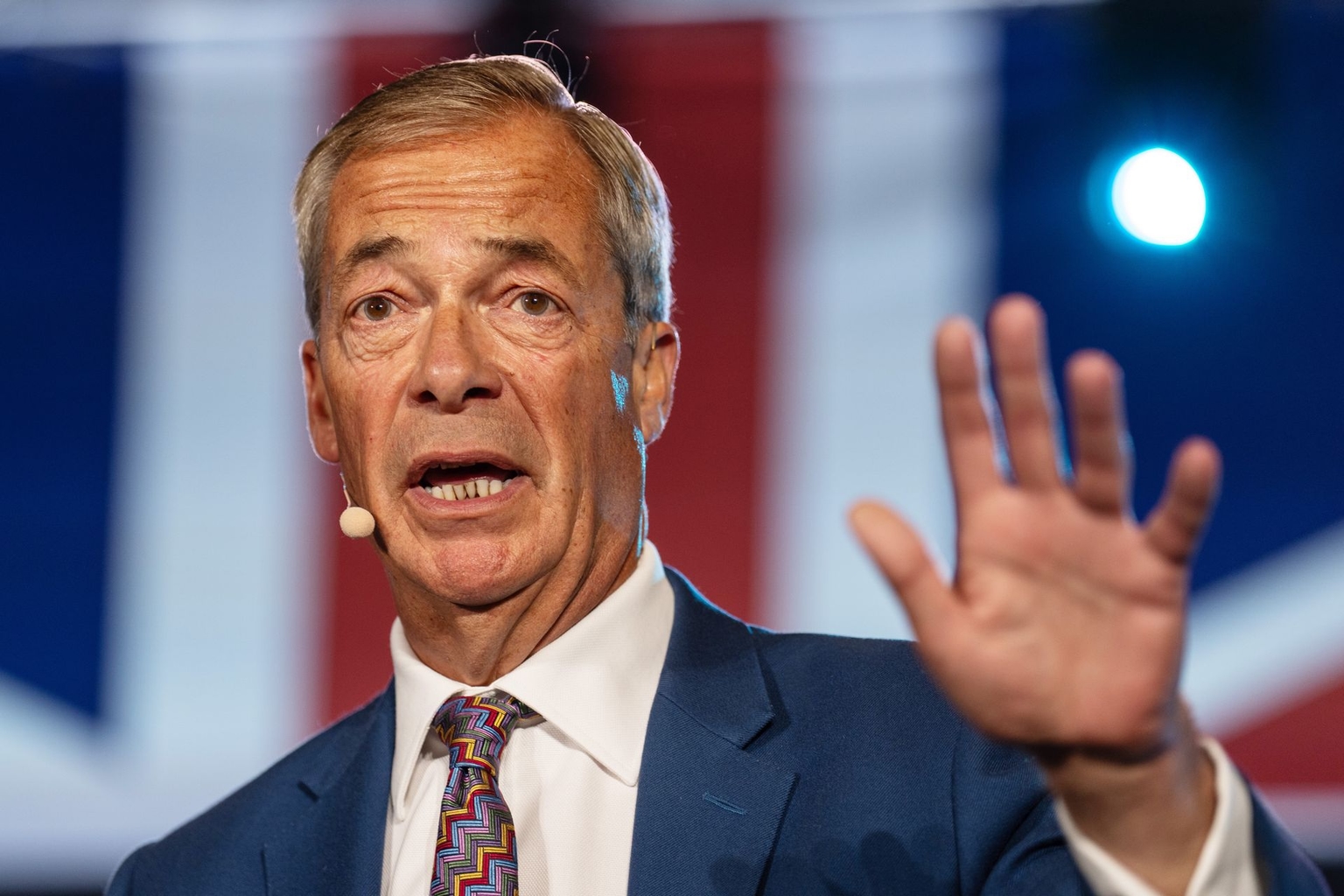 Reform UK leader Nigel Farage speaks during a press conference at Alkaline haulage and logistics in Hythe, England, on Oct. 12, 2026.