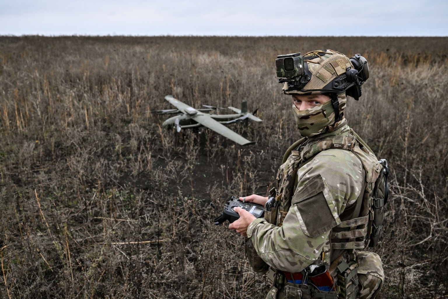 soldier holds a drone controller near a GARA UAV in Donetsk Oblast, Ukraine, on Oct. 16, 2026.