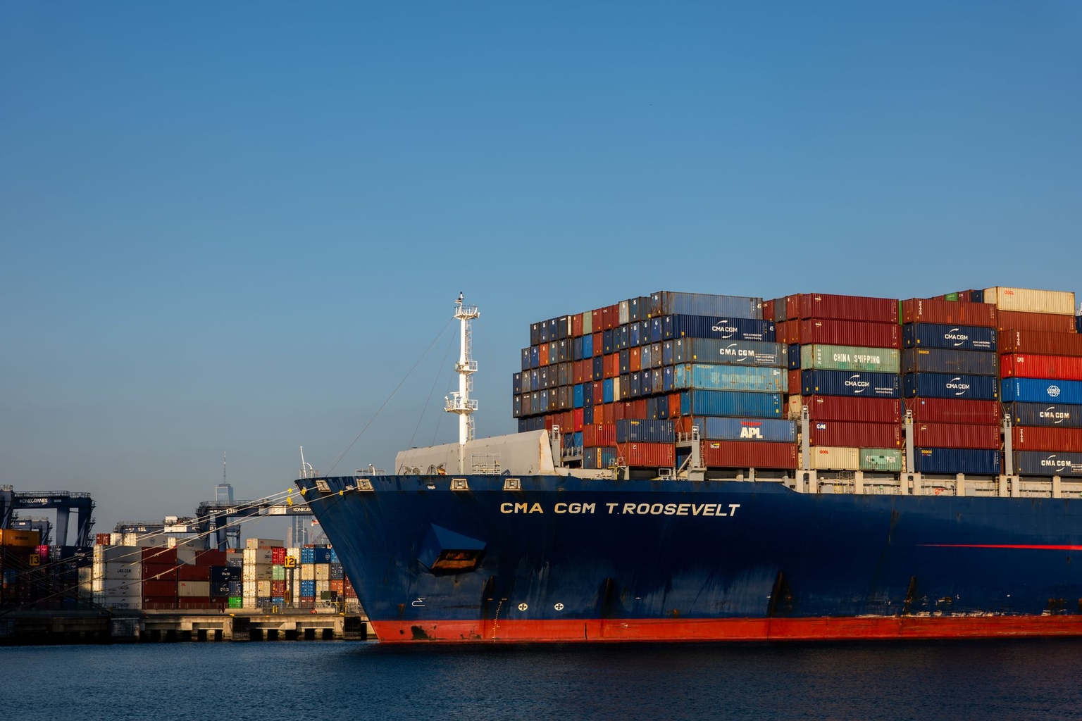 Container ships are loaded and unloaded at a port in Bayonne, New Jersey, on Oct. 16, 2026.