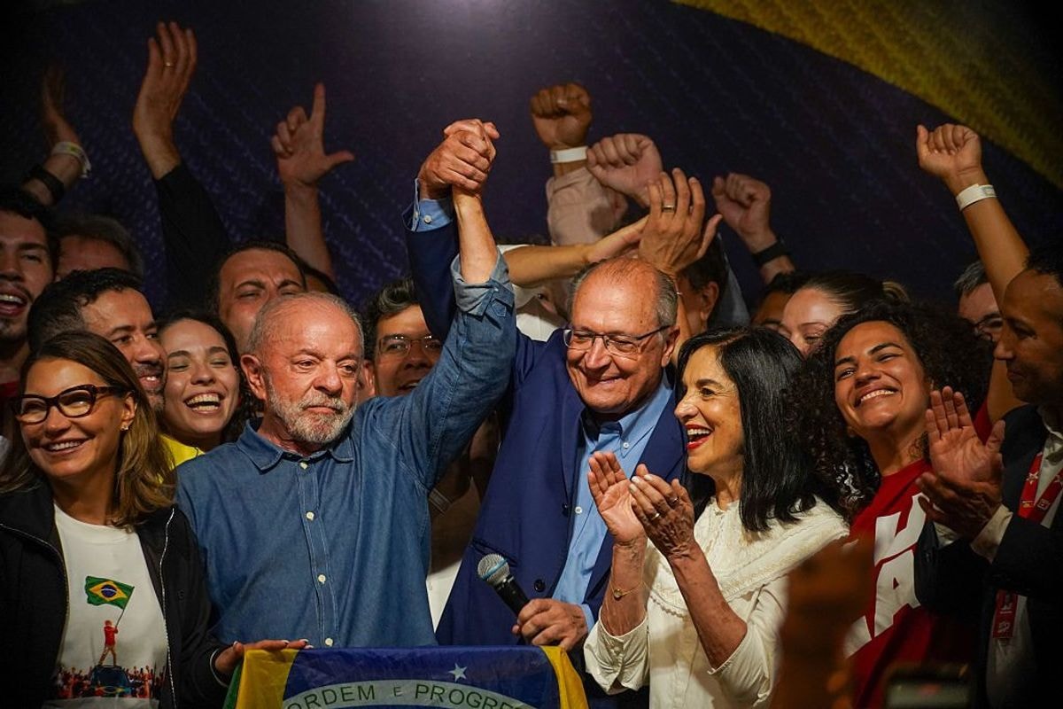 Re-elected President of Brazil Luiz Inacio Lula da Silva delivers a victory speech.