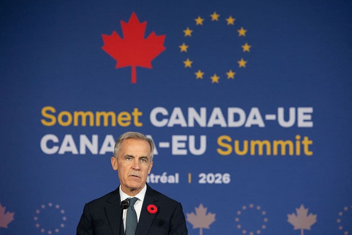 Canadian Prime Minister Mark Carney speaks during a joint press conference following the Canada-European Union summit.