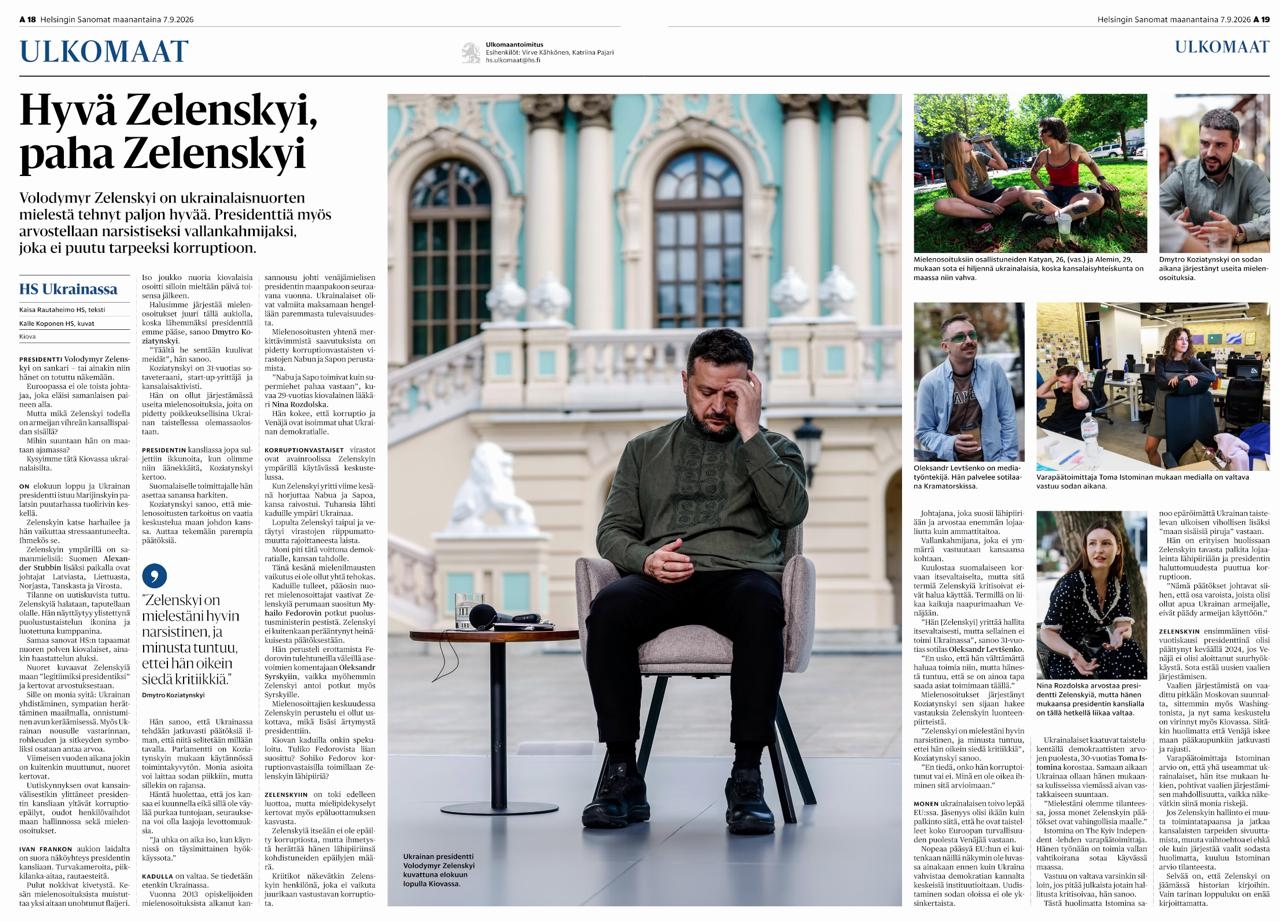 Scan of Helsingin Sonomat issue featuring Deputy Chief Editor, Toma Istomina, in the Kyiv Independent newsroom, September 2026 (Helsingin Sanomat)