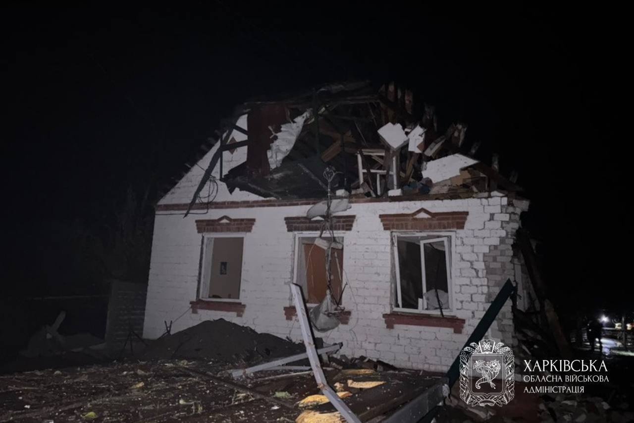 A residential building damaged in a Russian drone attack on Korotych.