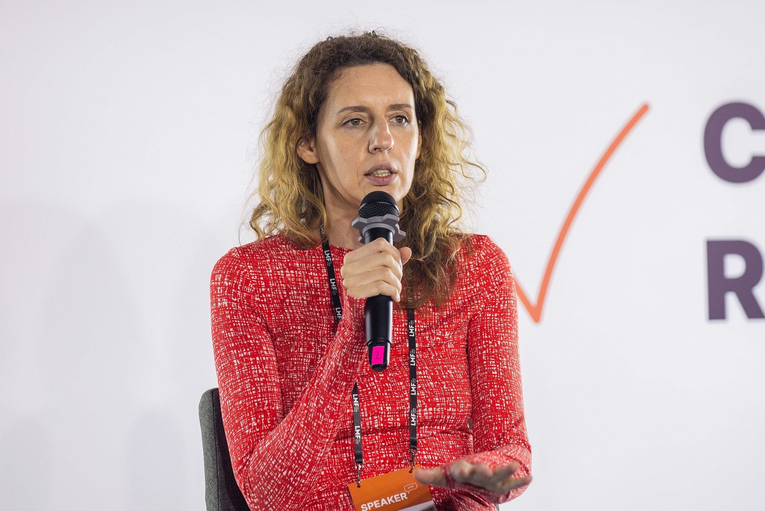 Kateryna Kobernyk, the chief editor of Babel, at the LMF 2025 conference in Lviv, Ukraine, in April, 2025.