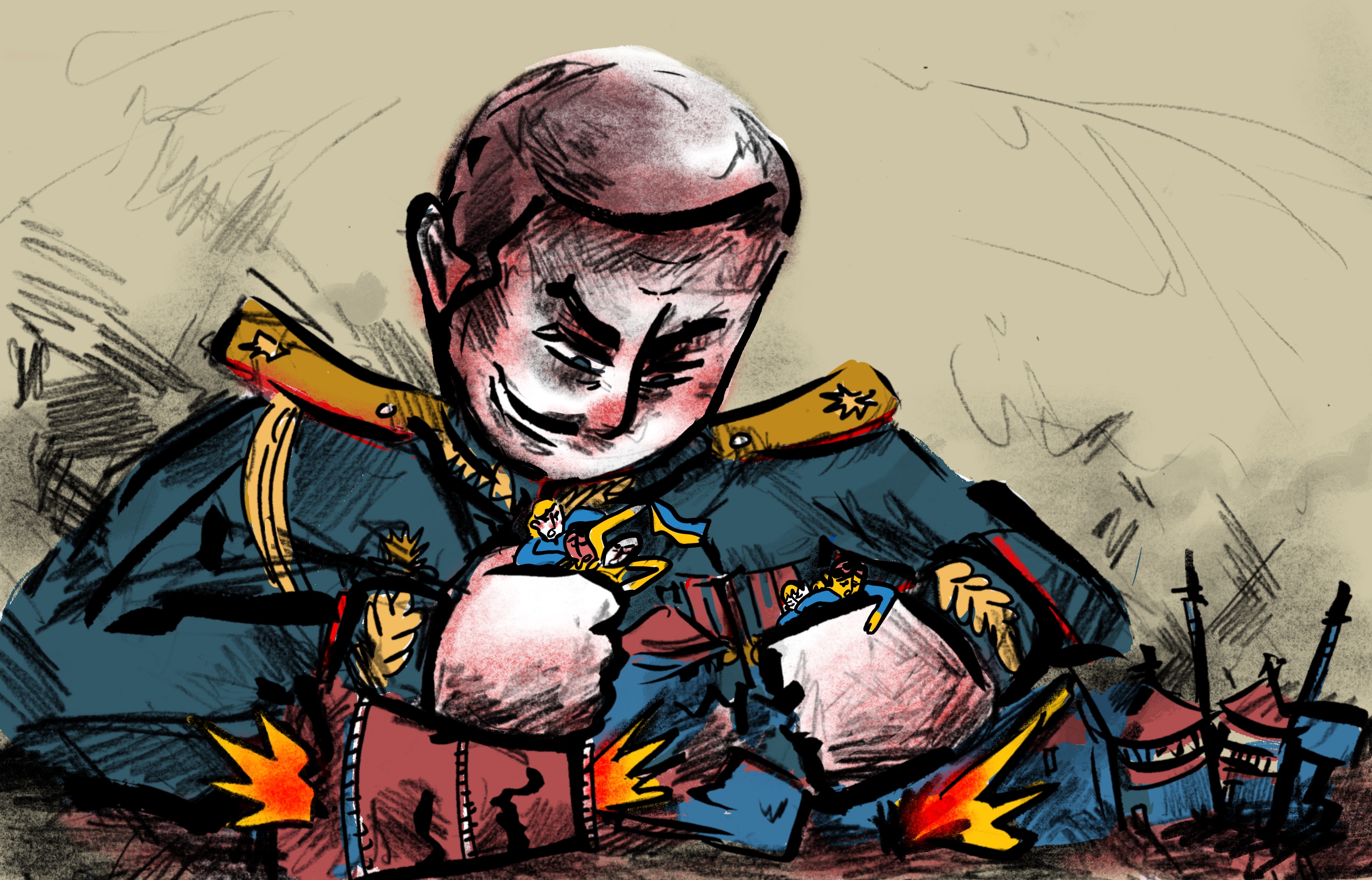enerhodar_illustration generalRussian troops in the city are led by Russian Major General Valery Vasiliev, who allegedly ordered to disperse a pro-Ukrainian rally on April 2 with machine guns, stun grenades, and tear gas. (Illustration: Karolina Gulshani)