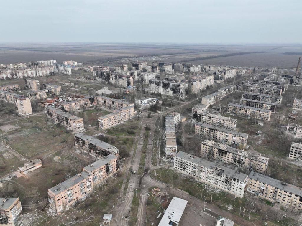 Damaged and destroyed residential buildings in Vuhledar in Donetsk Oblast.