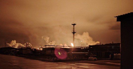 A photograph that purports to show a Russian facility burning overnight on Nov. 4, 2025 after a Ukrainian drone strike. (Exile Nova/Telegram)