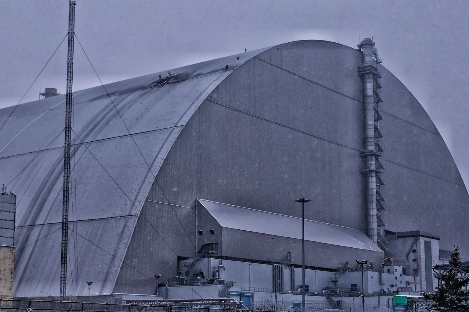 Rescuers inspect damaged of Safe Confinement of Chornobyl Nuclear Power Plant after Russian drone attack in Prypiat, Ukraine, on Feb. 14, 2025. (Yan Dobronosov/Global Images Ukraine via Getty Images)