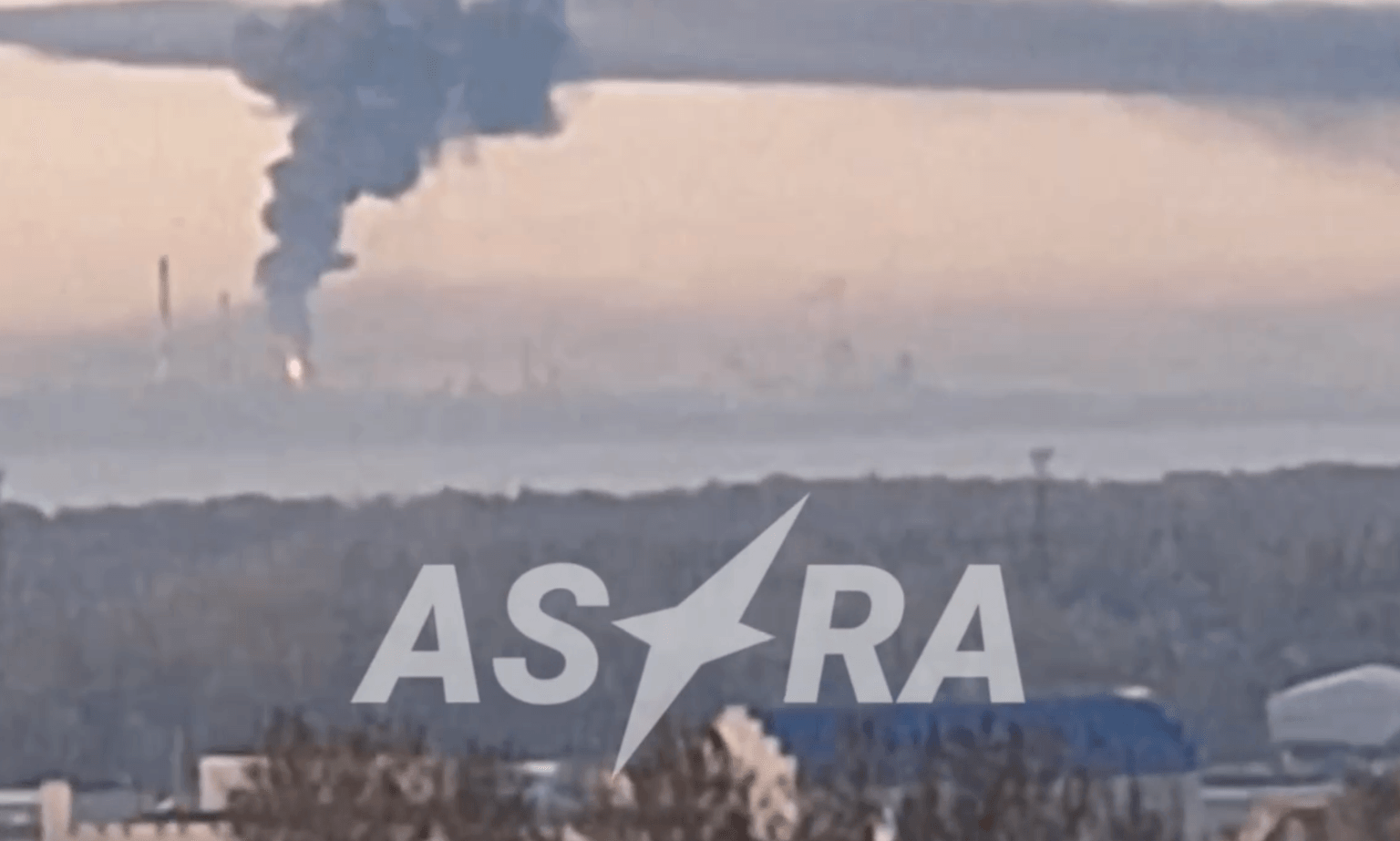 Fire burns at the Slavneft-YANOS oil refinery in Yaroslavl, Russia, following a reported overnight drone attack on Dec. 12, 2025. (Screenshot/Astra/Telegram)