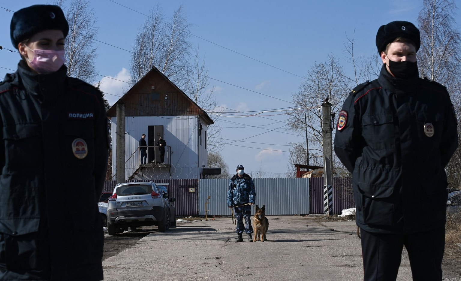 Russian police officers guard the entrance to Penal Colony No. 2, in Pokrov, Russia, on April 6, 2021.